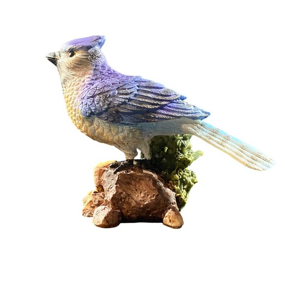 BIRD Figurine Blue Jay on Log Resin Home Decor Resin 3  inch - Picture 1 of 6